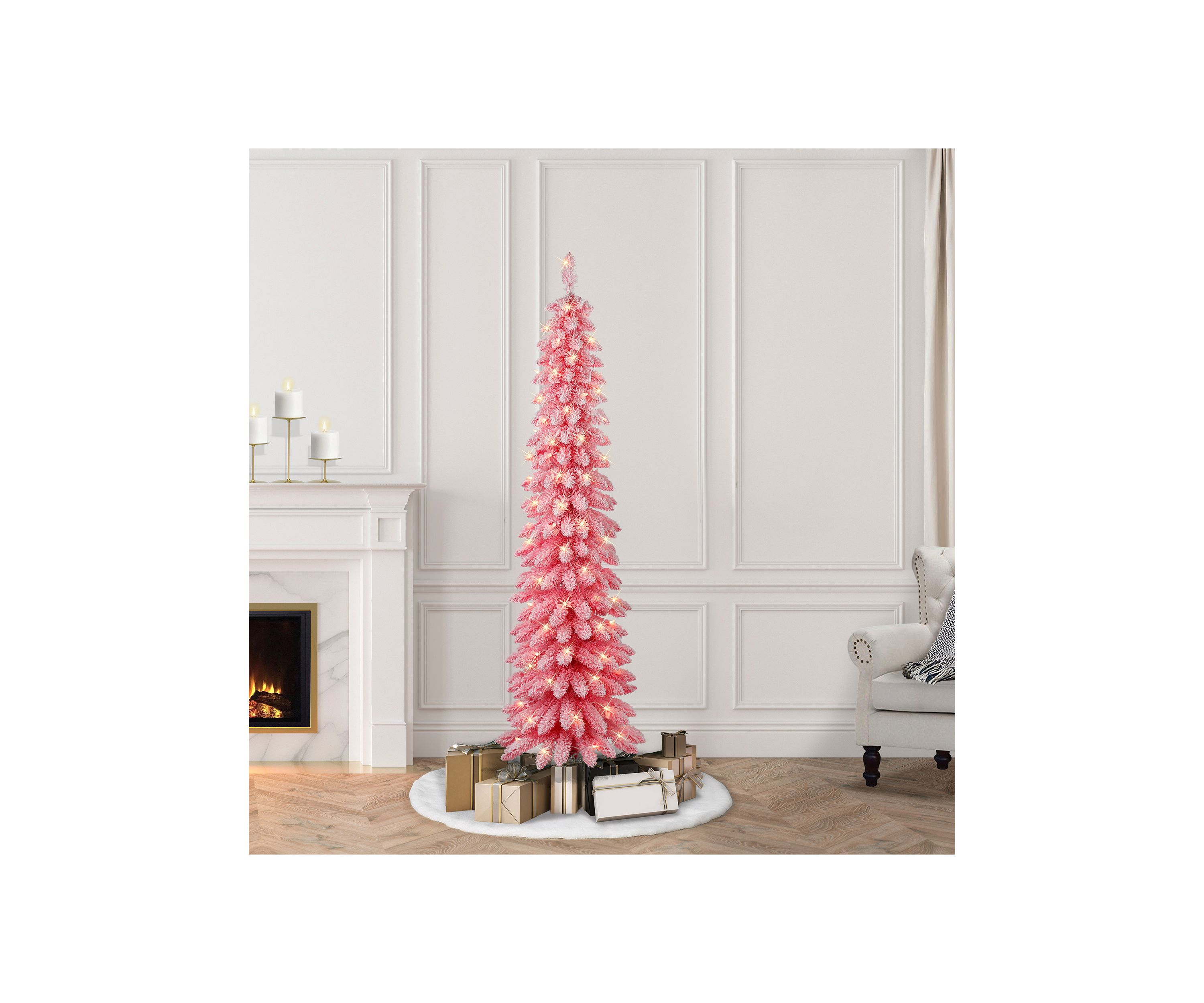 6-foot Pre-Lit Flocked Pink Artificial Alpine Pencil Tree 261 Tips 100 Clear Lights