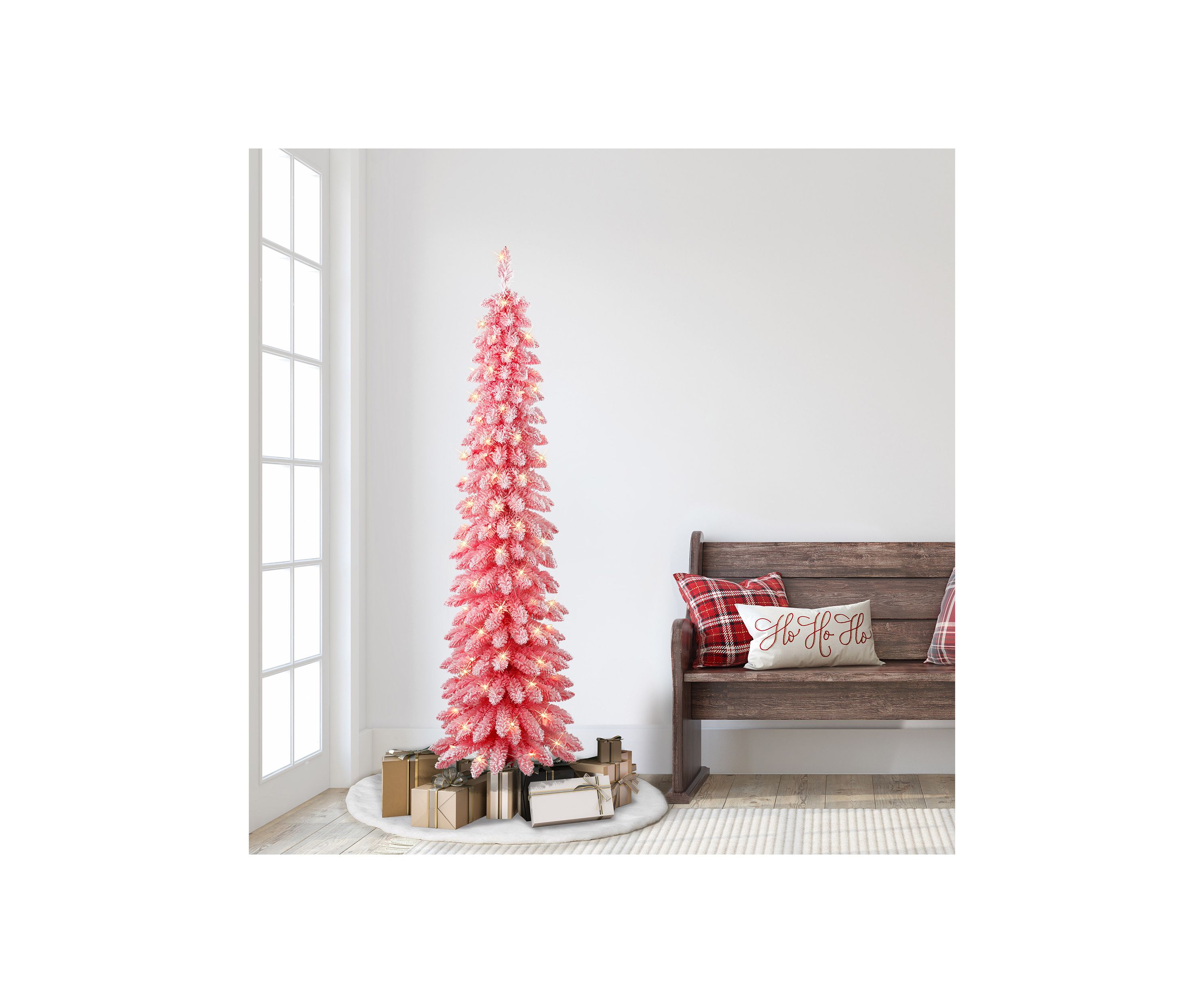 6-foot Pre-Lit Flocked Pink Artificial Alpine Pencil Tree 261 Tips 100 Clear Lights