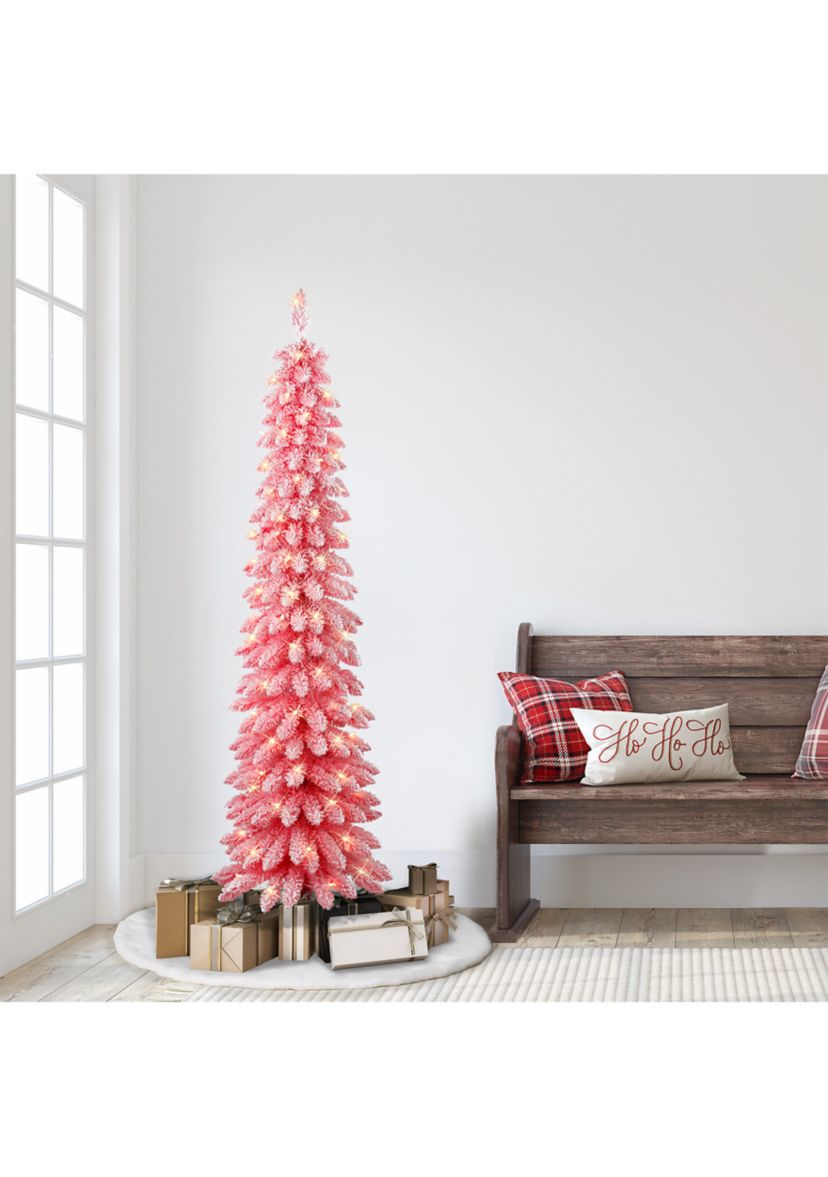 6-foot Pre-Lit Flocked Pink Artificial Alpine Pencil Tree 261 Tips 100 Clear Lights