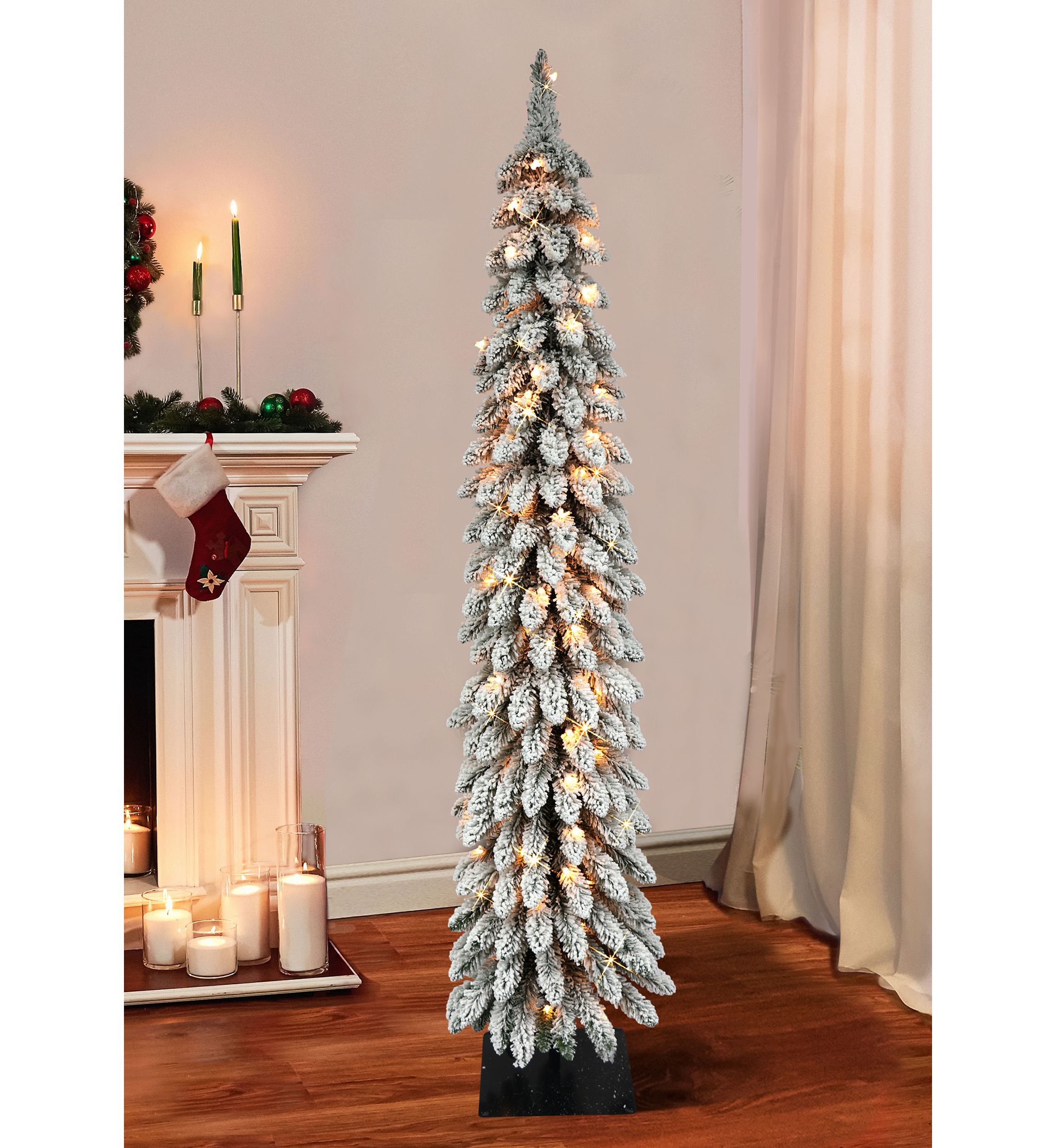 Pre-Lit 6-Foot Flocked Alpine Pencil Christmas Tree