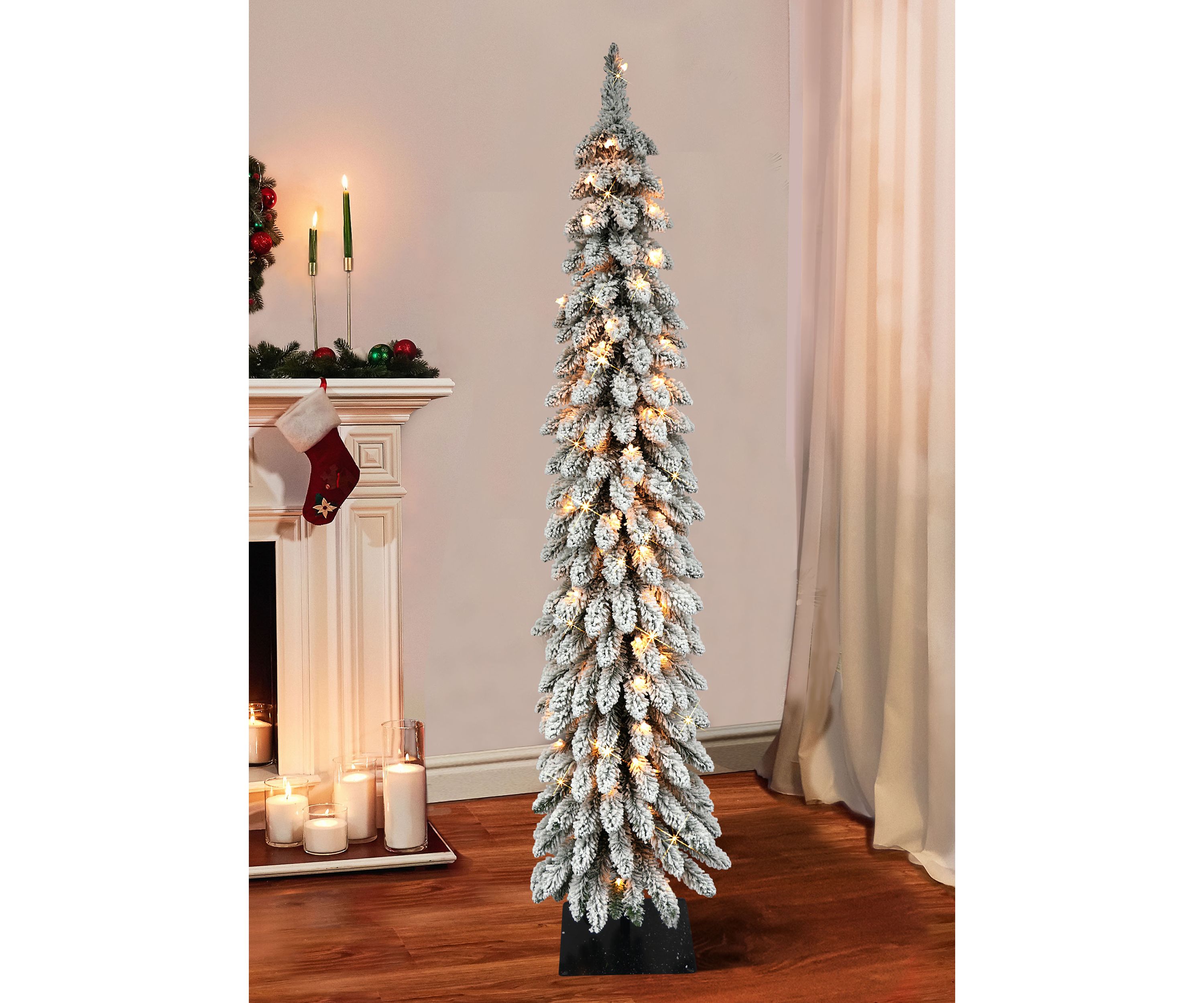 Pre-Lit 6-Foot Flocked Alpine Pencil Christmas Tree
