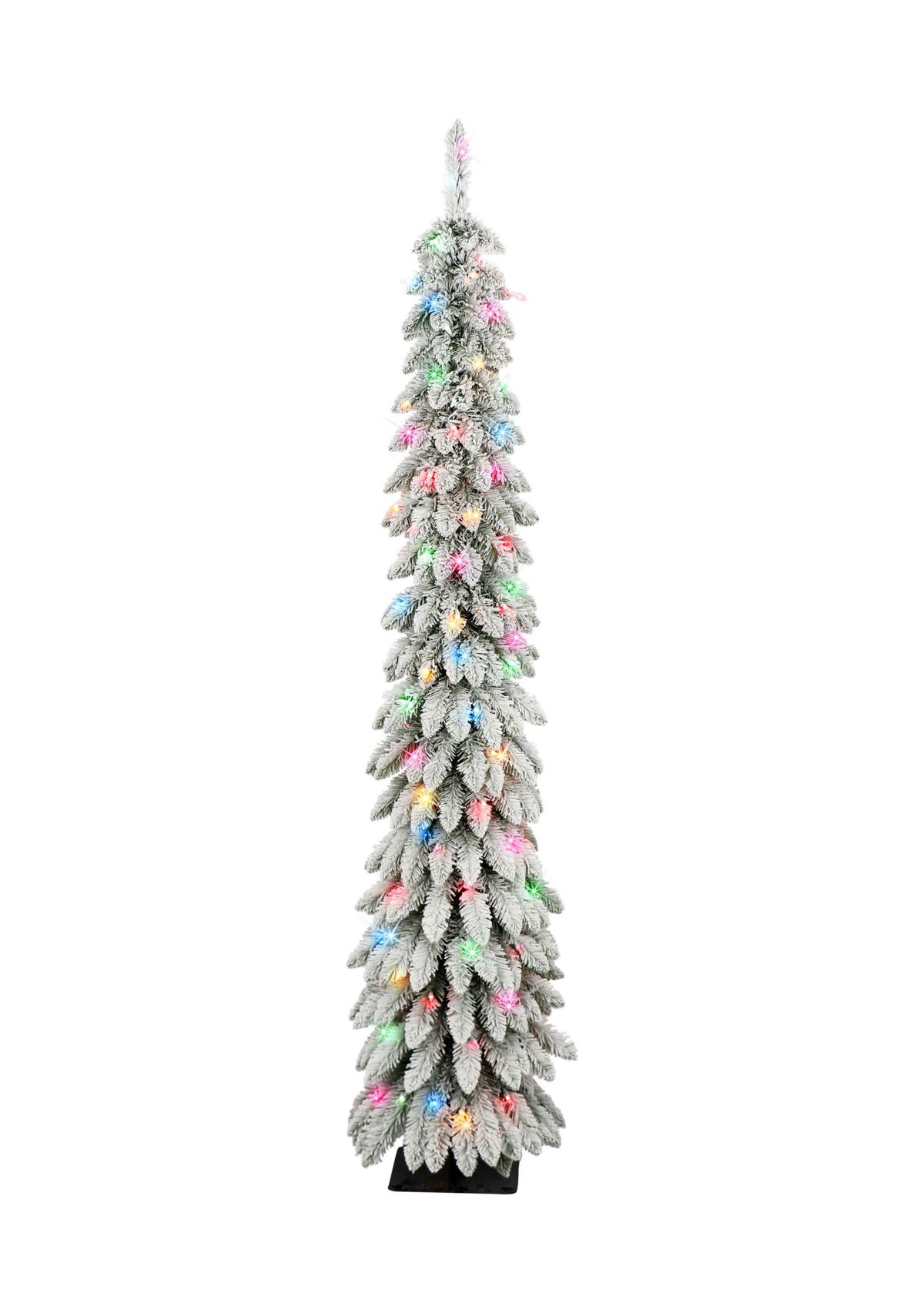 6 ft Pre-lit Flocked Alpine Pencil Tree 261 tips 100 UL Multi-color Incandescent Lights