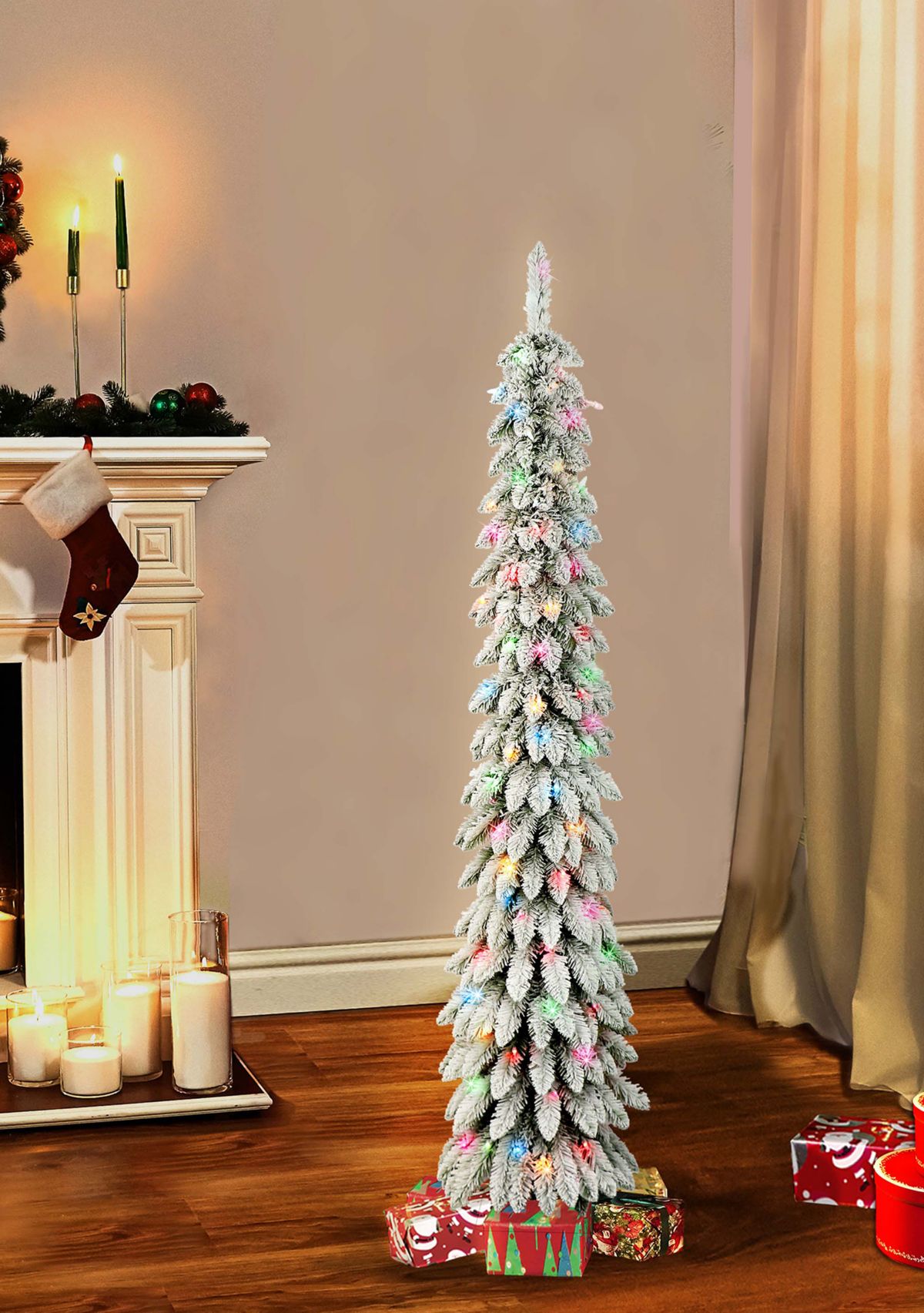 6 ft Pre-lit Flocked Alpine Pencil Tree 261 tips 100 UL Multi-color Incandescent Lights