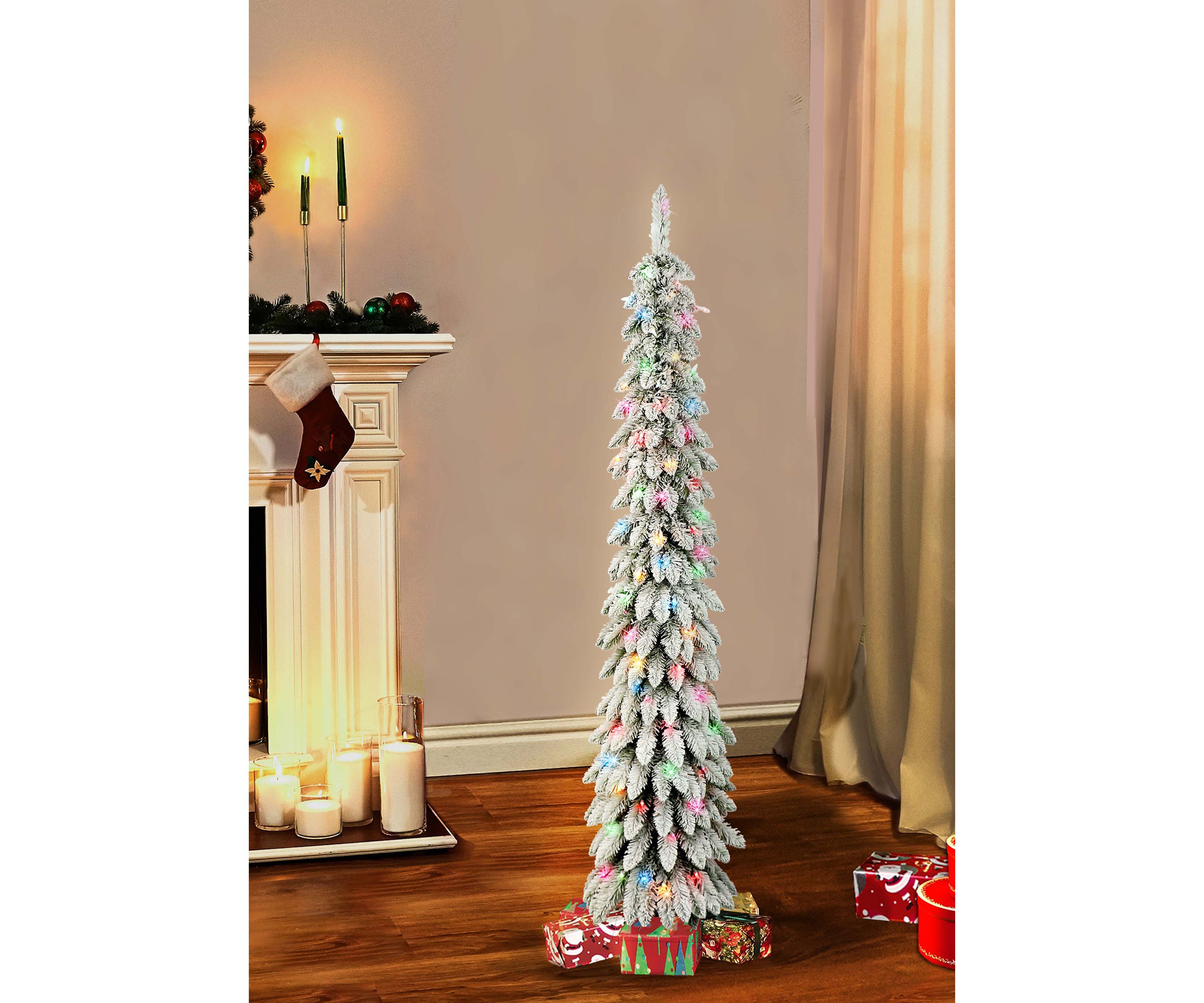 6 ft Pre-lit Flocked Alpine Pencil Tree 261 tips 100 UL Multi-color Incandescent Lights