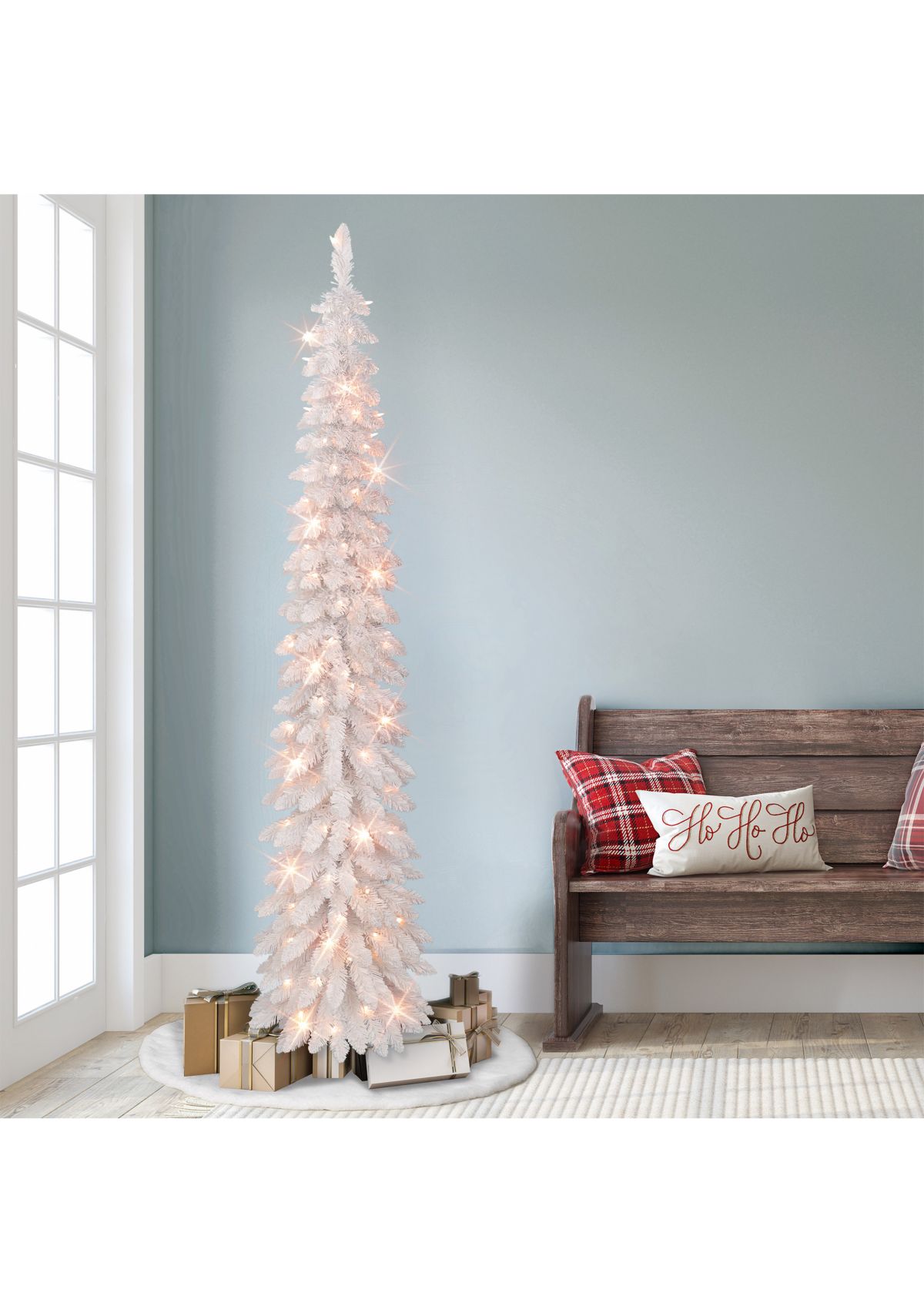 7-foot Pre-Lit Flocked White Artificial Alpine Pencil Tree 318 Tips 150 Clear Lights