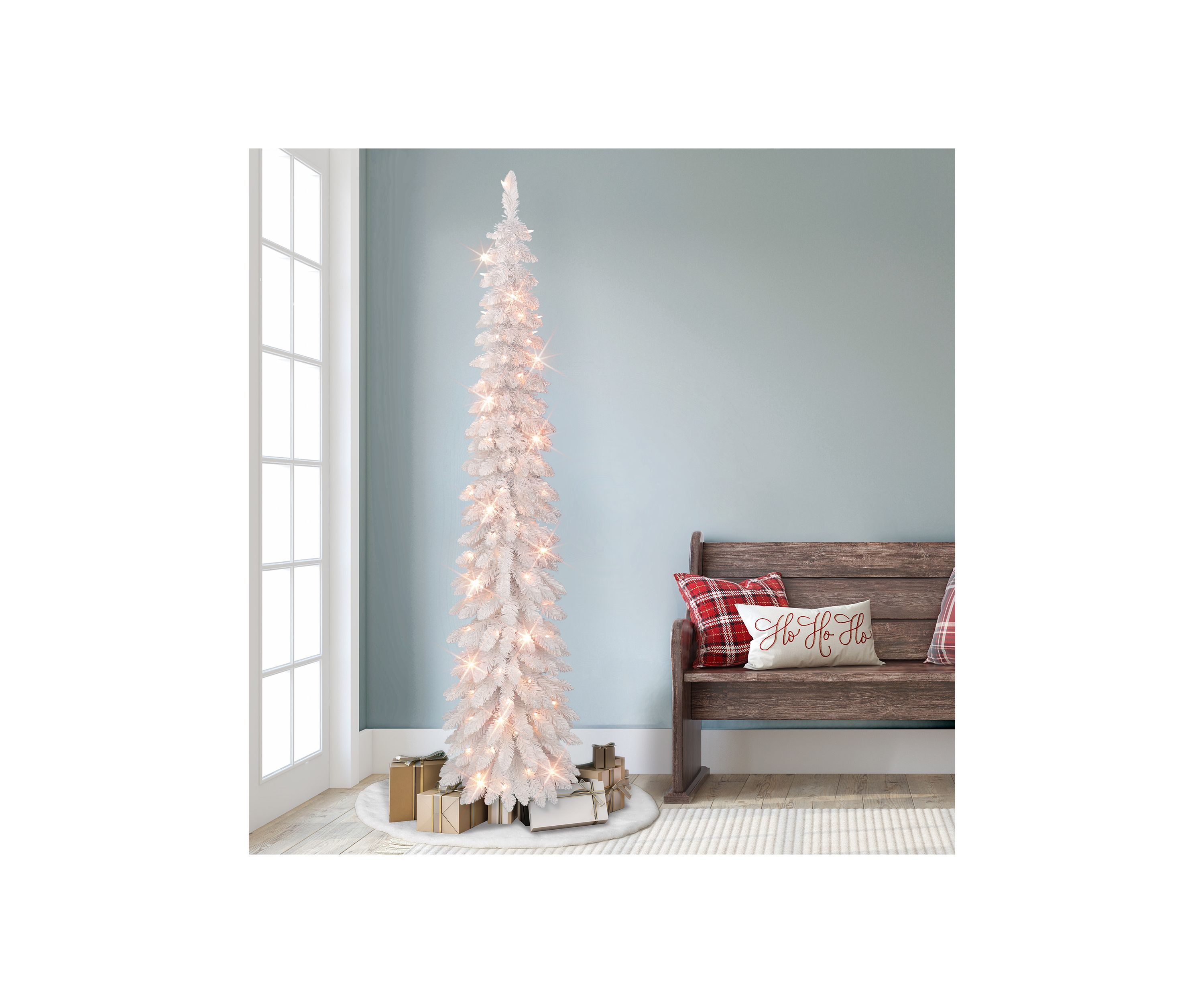 7-foot Pre-Lit Flocked White Artificial Alpine Pencil Tree 318 Tips 150 Clear Lights