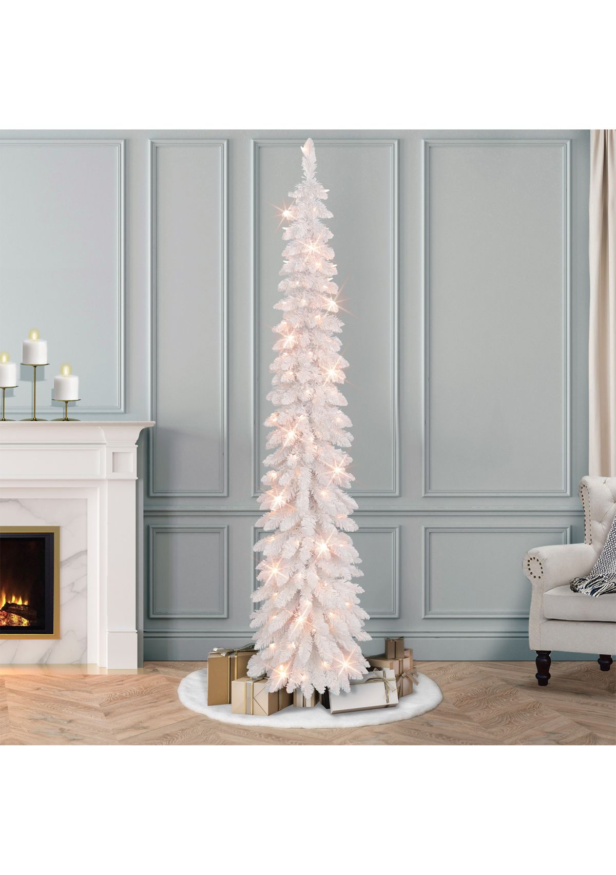 7-foot Pre-Lit Flocked White Artificial Alpine Pencil Tree 318 Tips 150 Clear Lights