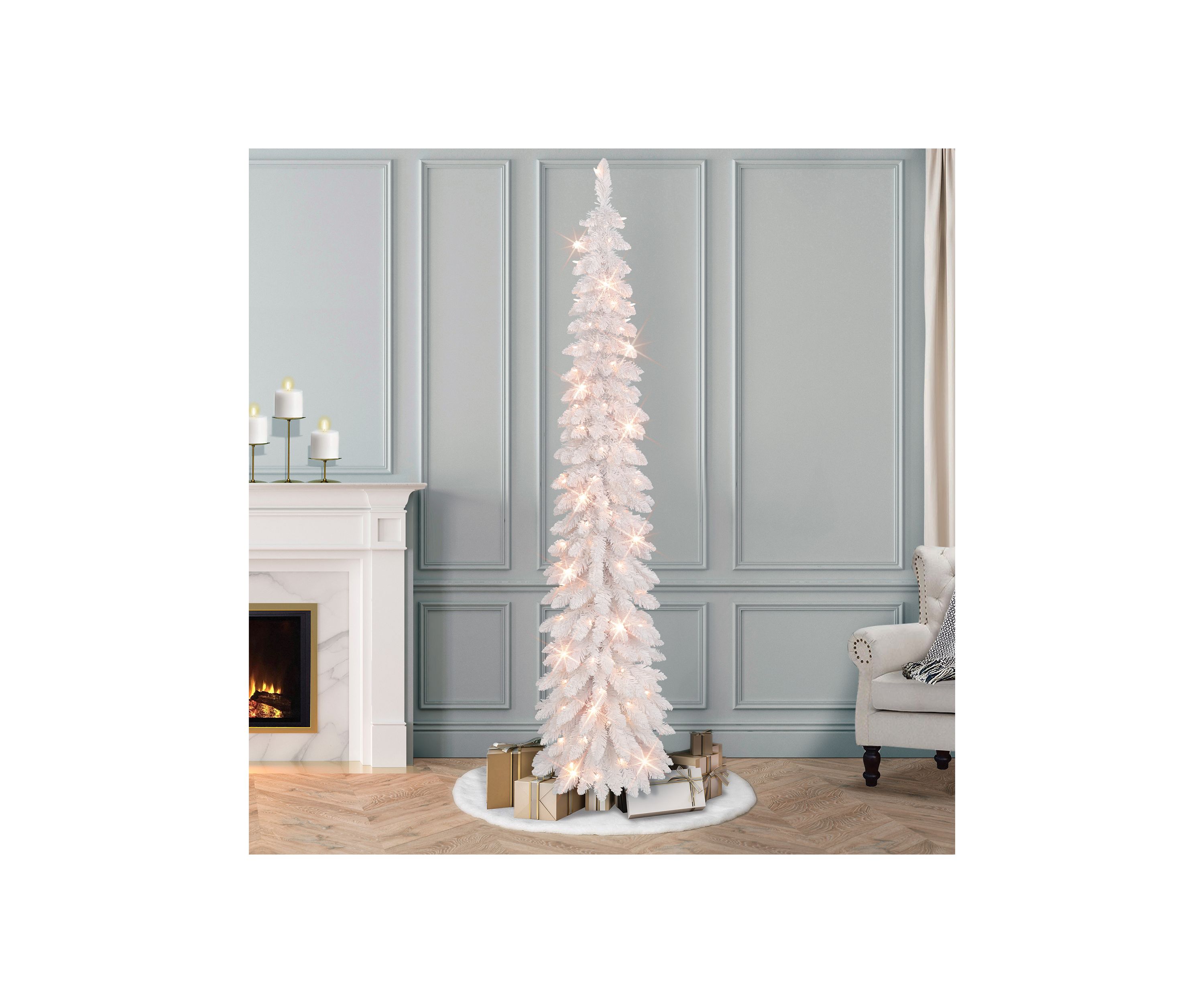 7-foot Pre-Lit Flocked White Artificial Alpine Pencil Tree 318 Tips 150 Clear Lights