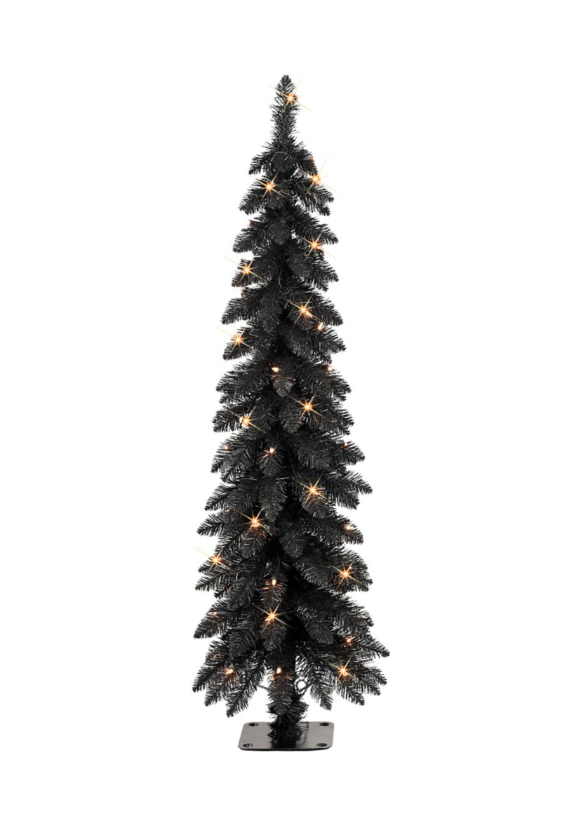 4-foot Pre-Lit Black Artificial Alpine Pencil Tree 136 Tips 50 Clear Lights