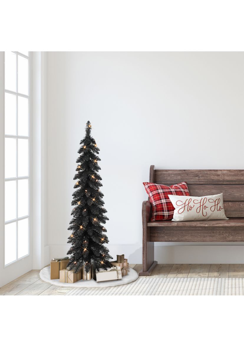 4-foot Pre-Lit Black Artificial Alpine Pencil Tree 136 Tips 50 Clear Lights