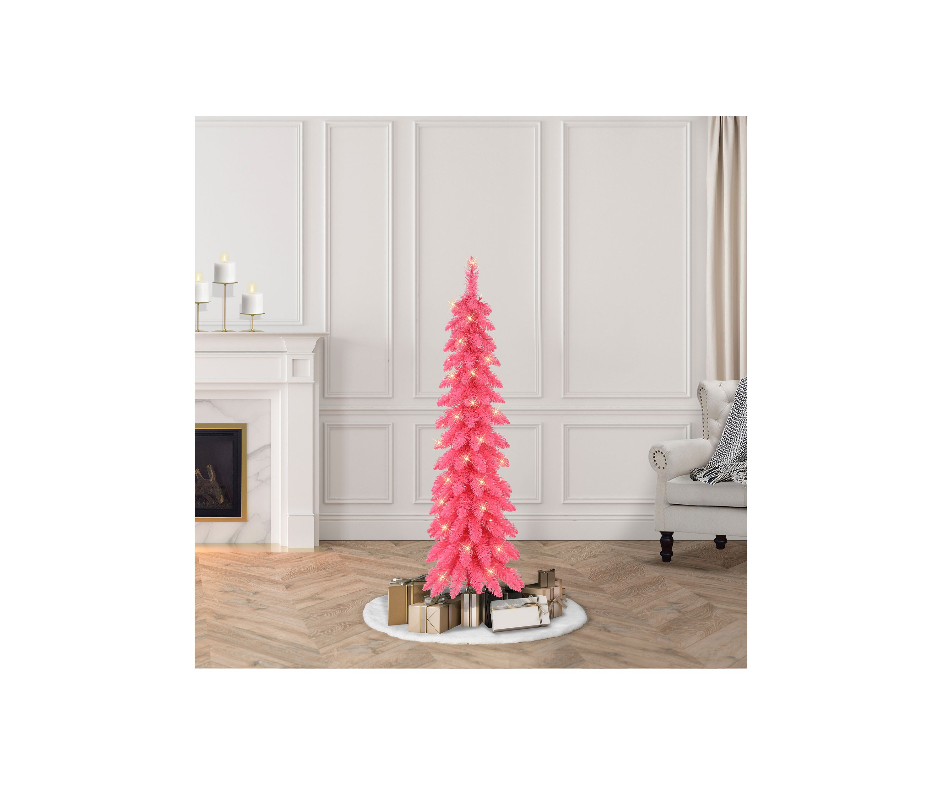 4-foot Pre-Lit Pink Artificial Alpine Pencil Tree 136 Tips 50 Clear Lights