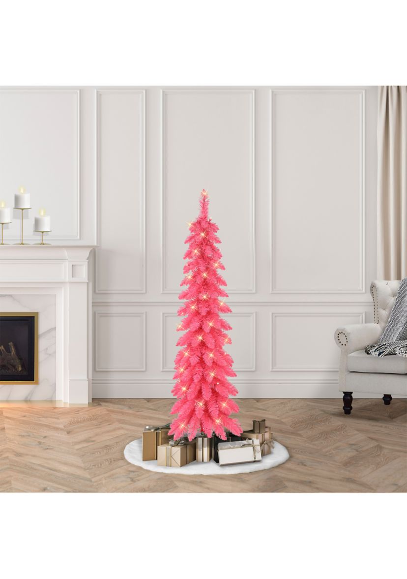 4-foot Pre-Lit Pink Artificial Alpine Pencil Tree 136 Tips 50 Clear Lights