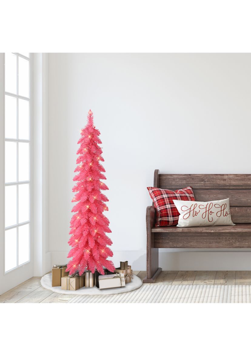 4-foot Pre-Lit Pink Artificial Alpine Pencil Tree 136 Tips 50 Clear Lights