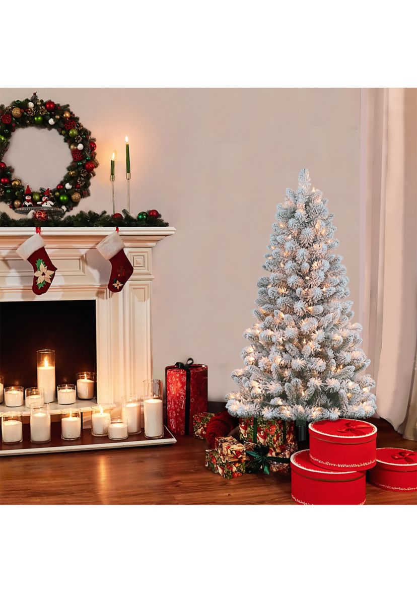 4.5 ft Pre-lit Flocked Virginia Pine Artificial Christmas Tree with 200 UL Clear Lights Metal Stand Green