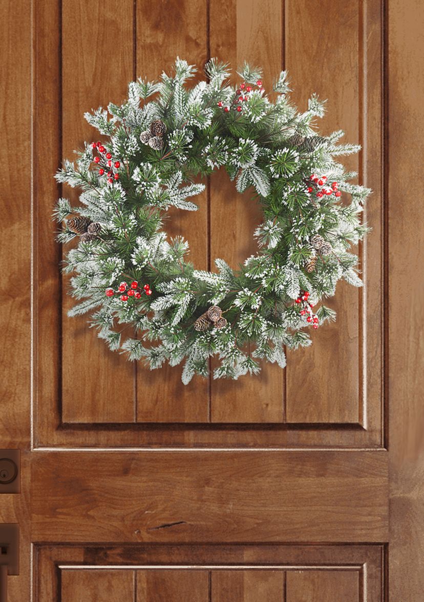 24 in. PE/PVC Decorated Wreath with Pine Cones & Berries