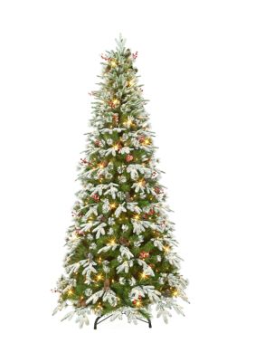 Puleo International 7.5 ft Pre-Lit Slim Fir Tree 1652 Tips Pinecones Red Berries 450 UL Clear Lights Metal Stand, Green, 7.5 Foot