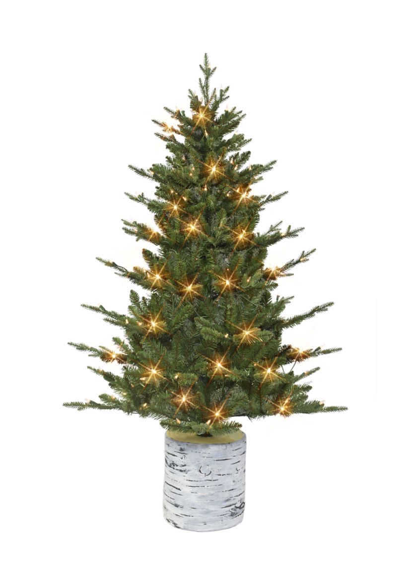 4.5 ft Pre-lit Potted Tree 584 Tips 150 UL Listed Clear Lights Birch wood-look base