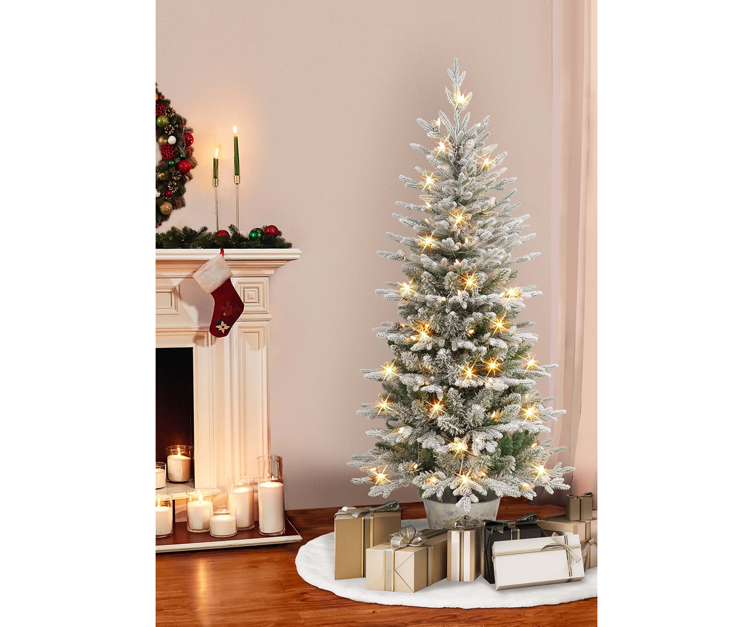 6 ft Pre-lit Potted Flocked Tree 1015 Tips 250 UL Listed Clear Lights