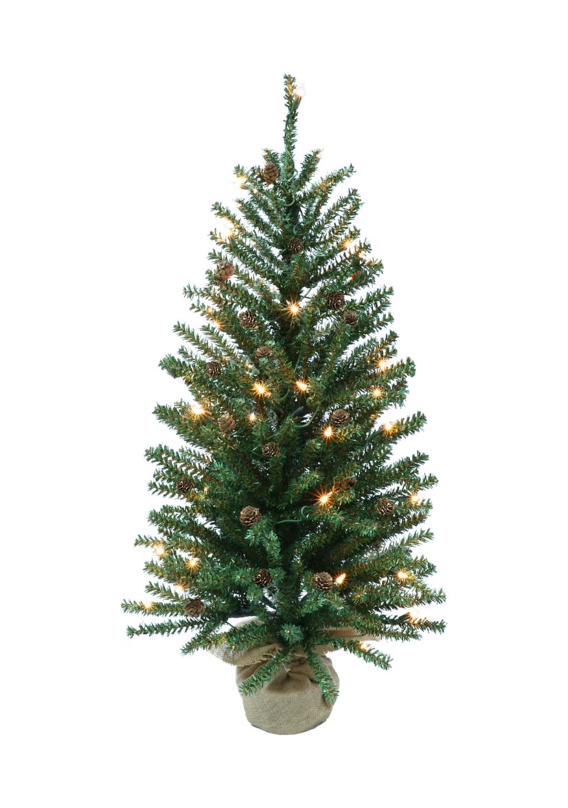 6 ft Pre-Lit Artificial Christmas Tree with 300 UL Clear Lights and Pinecones Burlap Sac Base Green