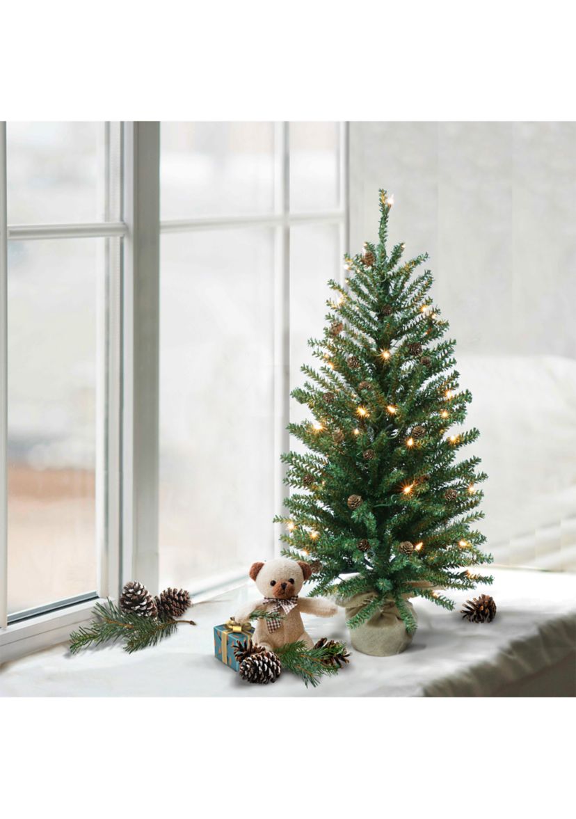 6 ft Pre-Lit Artificial Christmas Tree with 300 UL Clear Lights and Pinecones Burlap Sac Base Green