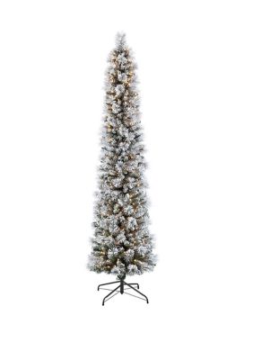 Puleo International 7.5 Foot Pre Lit Flocked Pencil Patagonia Pine Artificial Christmas Tree with 350 UL Listed Clear Lights, Green