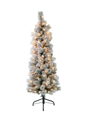 Puleo International 4.5 ft. Pre-Lit Flocked Patagonia Pine Pencil Artificial Christmas Tree with 100 UL- Listed Clear Lights, Green, 4.5 Foot