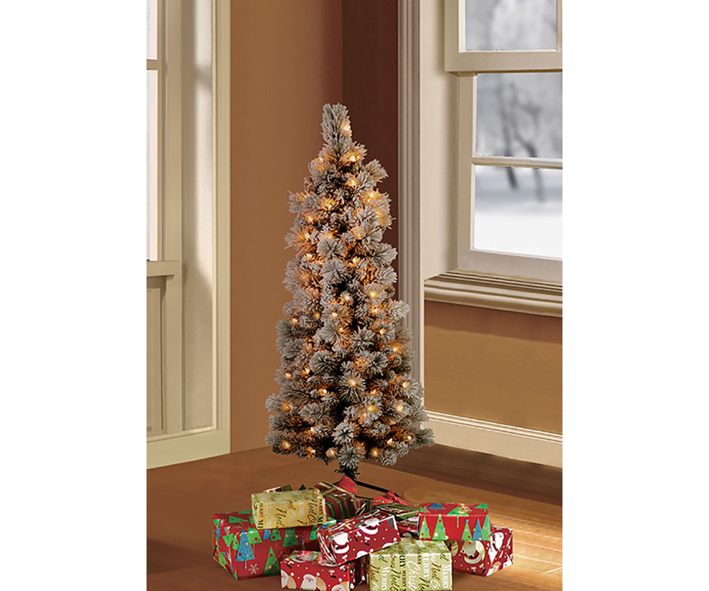 4.5 ft. Pre-Lit Flocked Patagonia Pine Pencil Artificial Christmas Tree with 100 UL- Listed Clear Lights