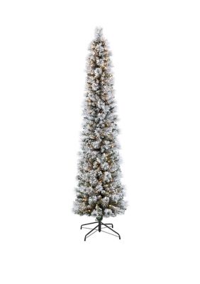 Puleo International 9 ft. Pre-Lit Flocked Patagonia Pine Pencil Artificial Christmas Tree with 450 UL- Listed Clear Lights, Green, 9 Foot