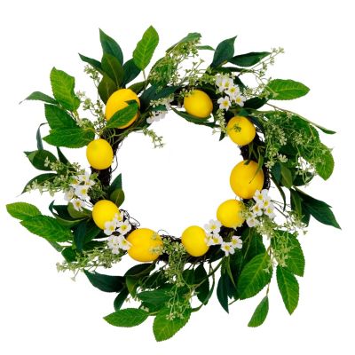 Puleo International Artificial Daisy Floral Spring Door Wreath with Lemons, Green, 24 in