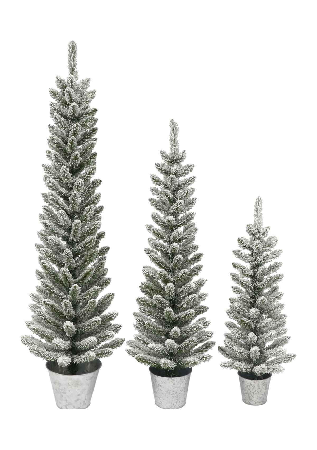 Potted Flocked Pencil Trees in 3ft, 4ft & 5ft sizes with a Galvanized Pot
