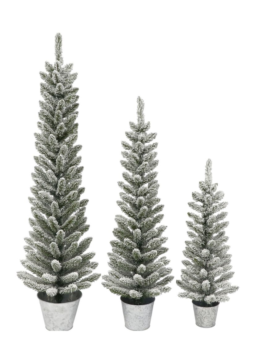 Potted Flocked Pencil Trees in 3ft, 4ft & 5ft sizes with a Galvanized Pot