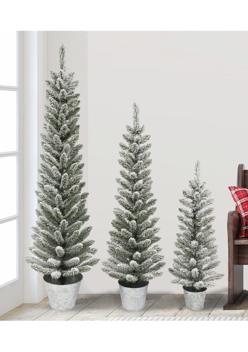Potted Flocked Pencil Trees in 3ft, 4ft & 5ft sizes with a Galvanized Pot