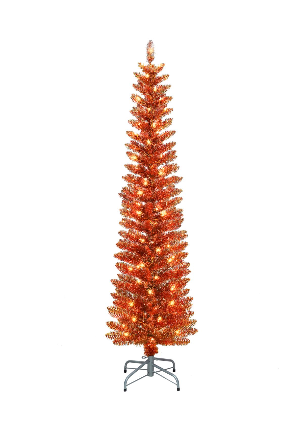6-foot Pre-Lit Orange Tinsel Artificial Tree 250 Tips 100 Clear Lights