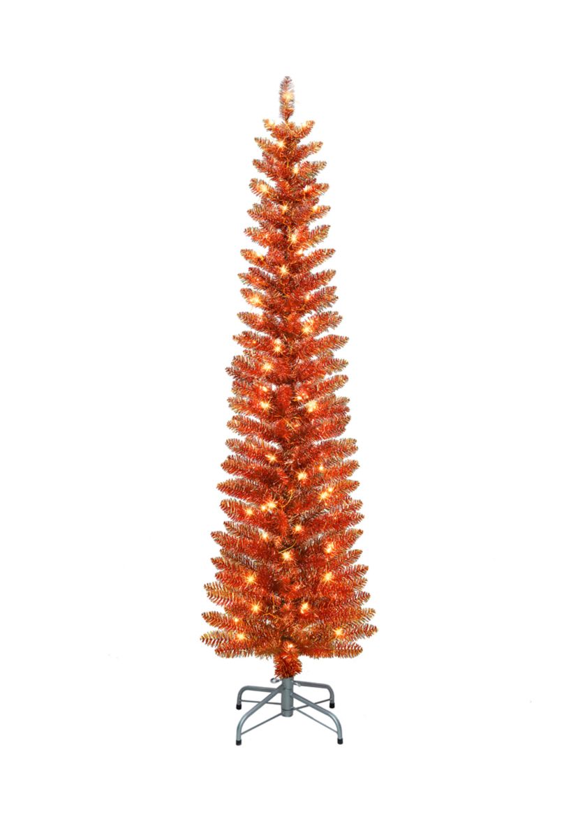 6-foot Pre-Lit Orange Tinsel Artificial Tree 250 Tips 100 Clear Lights