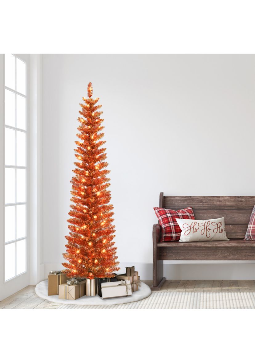 6-foot Pre-Lit Orange Tinsel Artificial Tree 250 Tips 100 Clear Lights