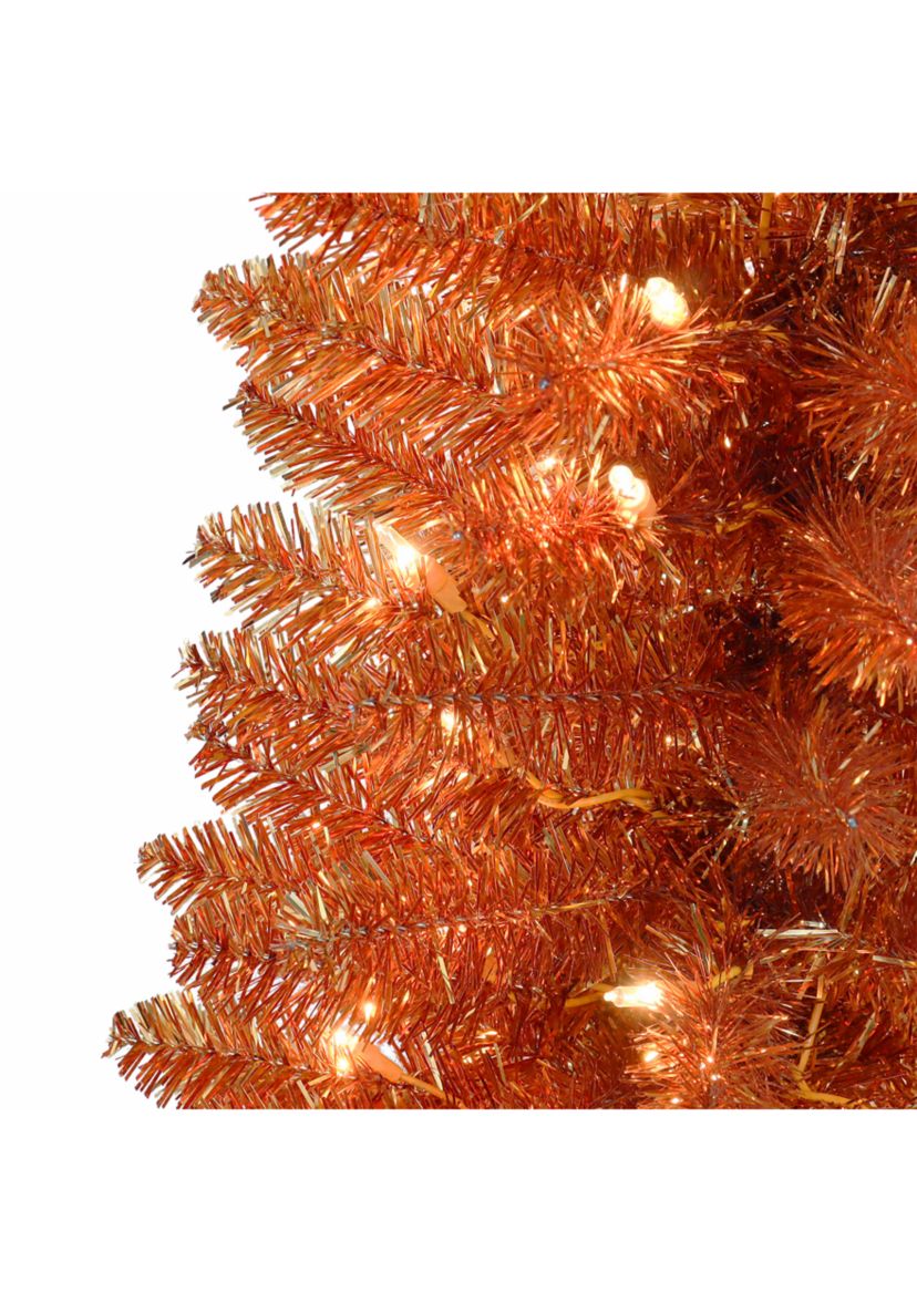 6-foot Pre-Lit Orange Tinsel Artificial Tree 250 Tips 100 Clear Lights