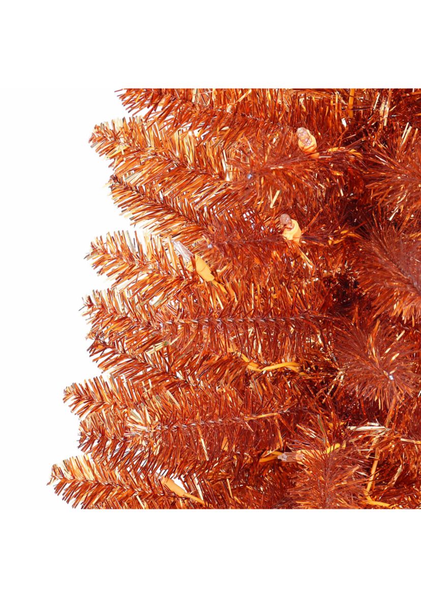 6-foot Pre-Lit Orange Tinsel Artificial Tree 250 Tips 100 Clear Lights