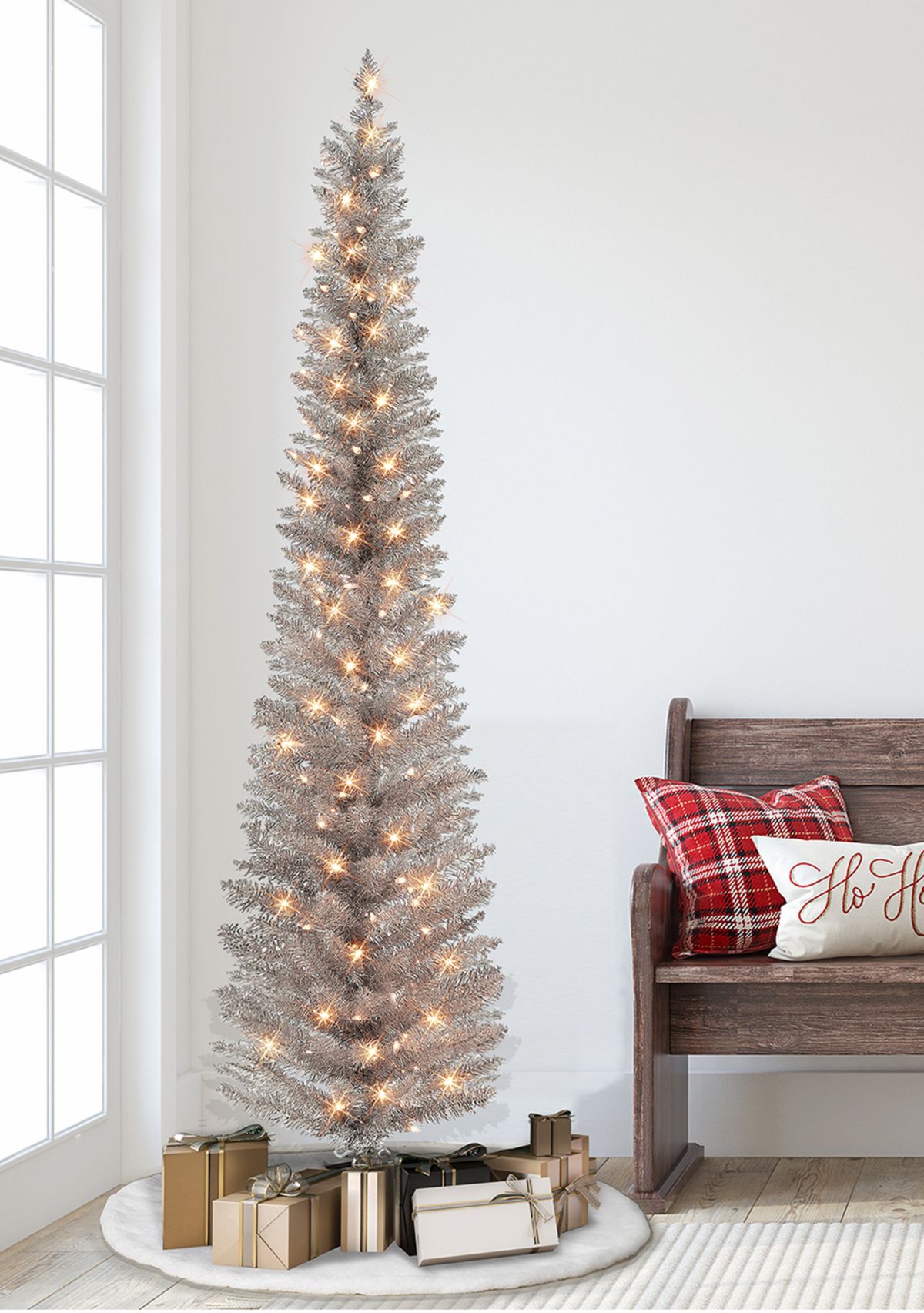 Pre-lit Rose Gold Tinsel Pencil Tree
