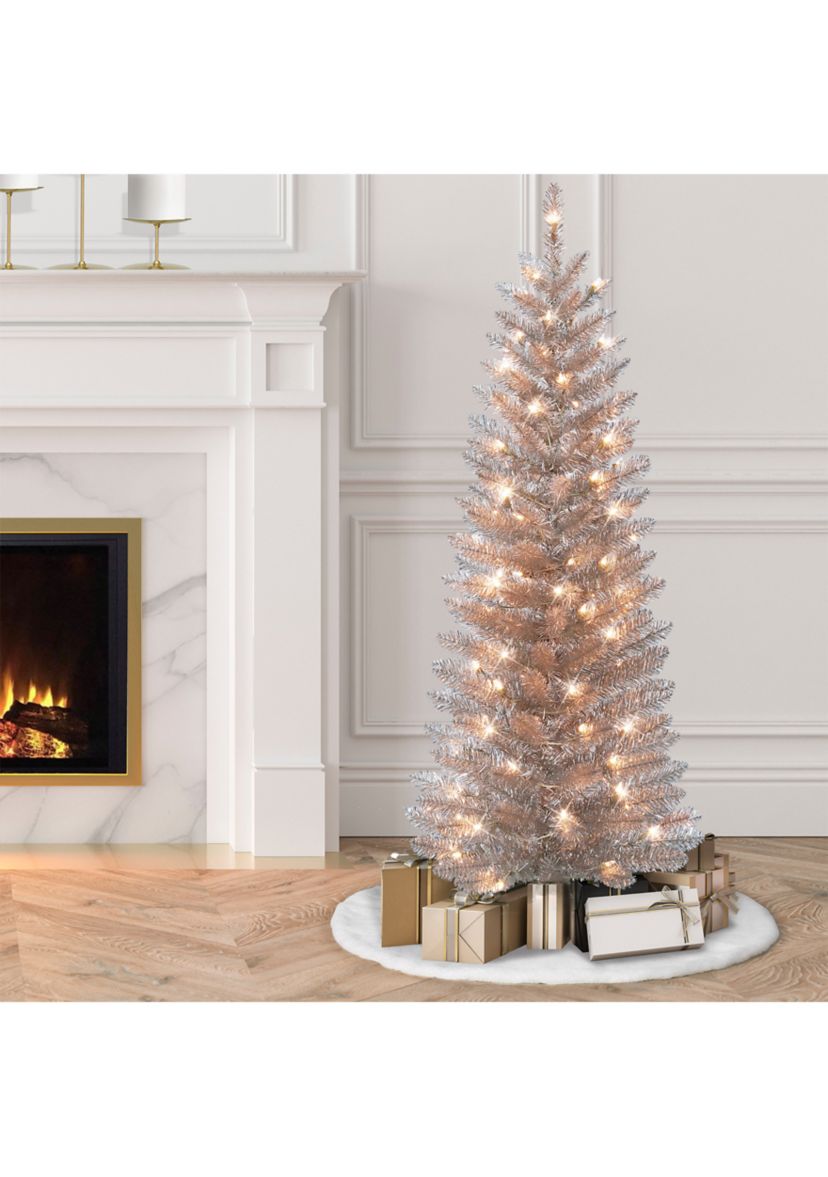 4.5-foot Pre-Lit Rose Gold Tinsel Artificial Tree 170 Tips 70 Clear Lights