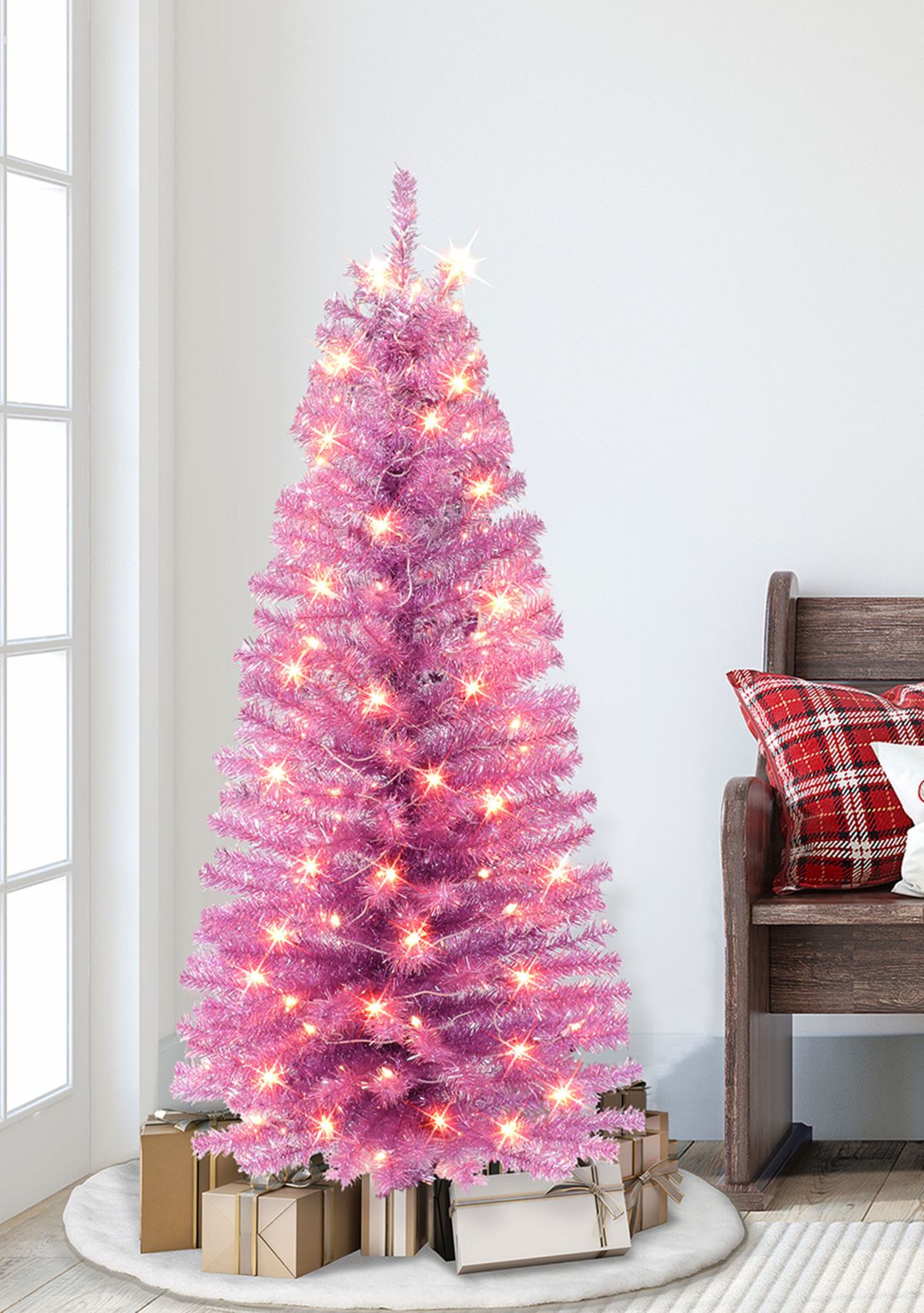4.5 ft Pre-lit Pink Tinsel Tree 160 Tips 70 UL Clear Lights Stand included