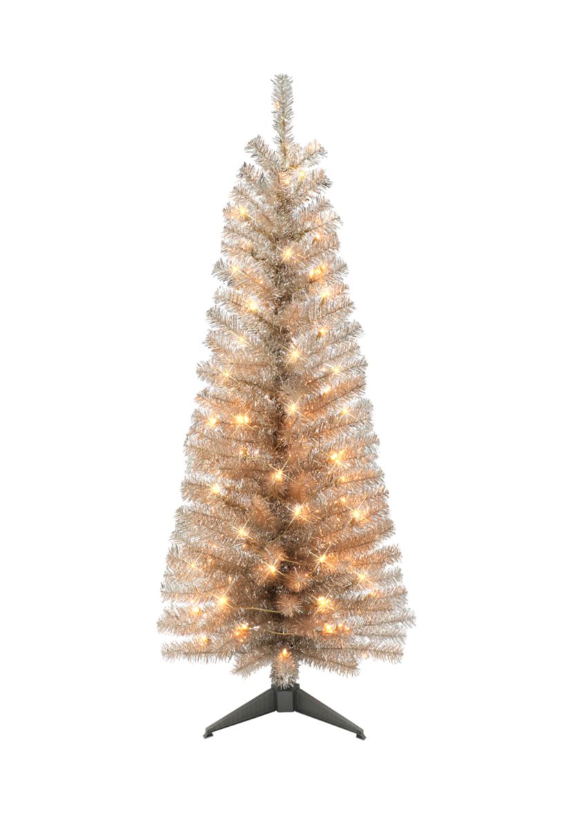 4.5 ft Pre-lit Rose Gold Tinsel Tree 160 Tips 70 UL Clear Lights Stand included