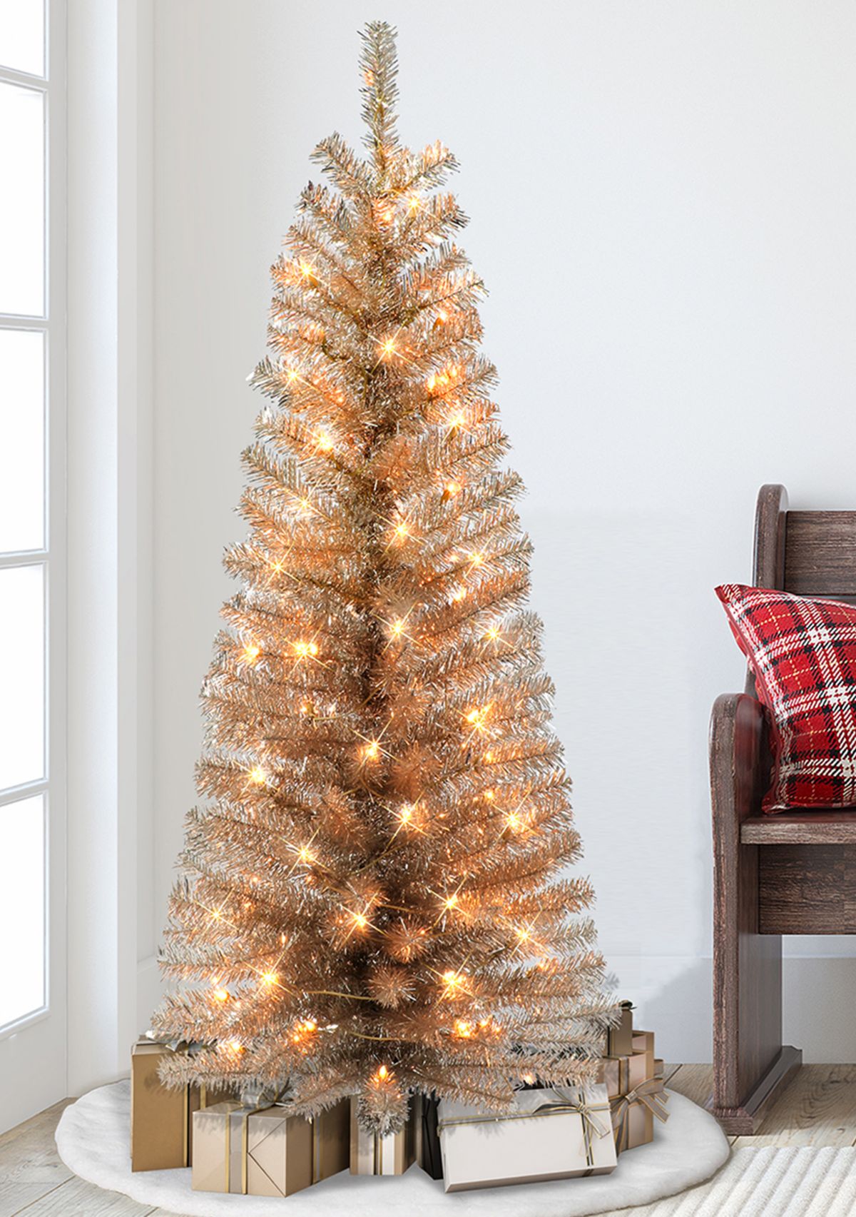 4.5 ft Pre-lit Rose Gold Tinsel Tree 160 Tips 70 UL Clear Lights Stand included