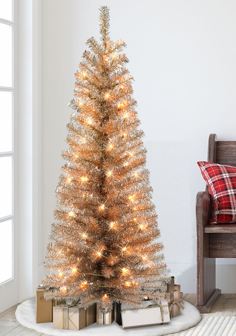 4.5 ft Pre-lit Rose Gold Tinsel Tree 160 Tips 70 UL Clear Lights Stand included