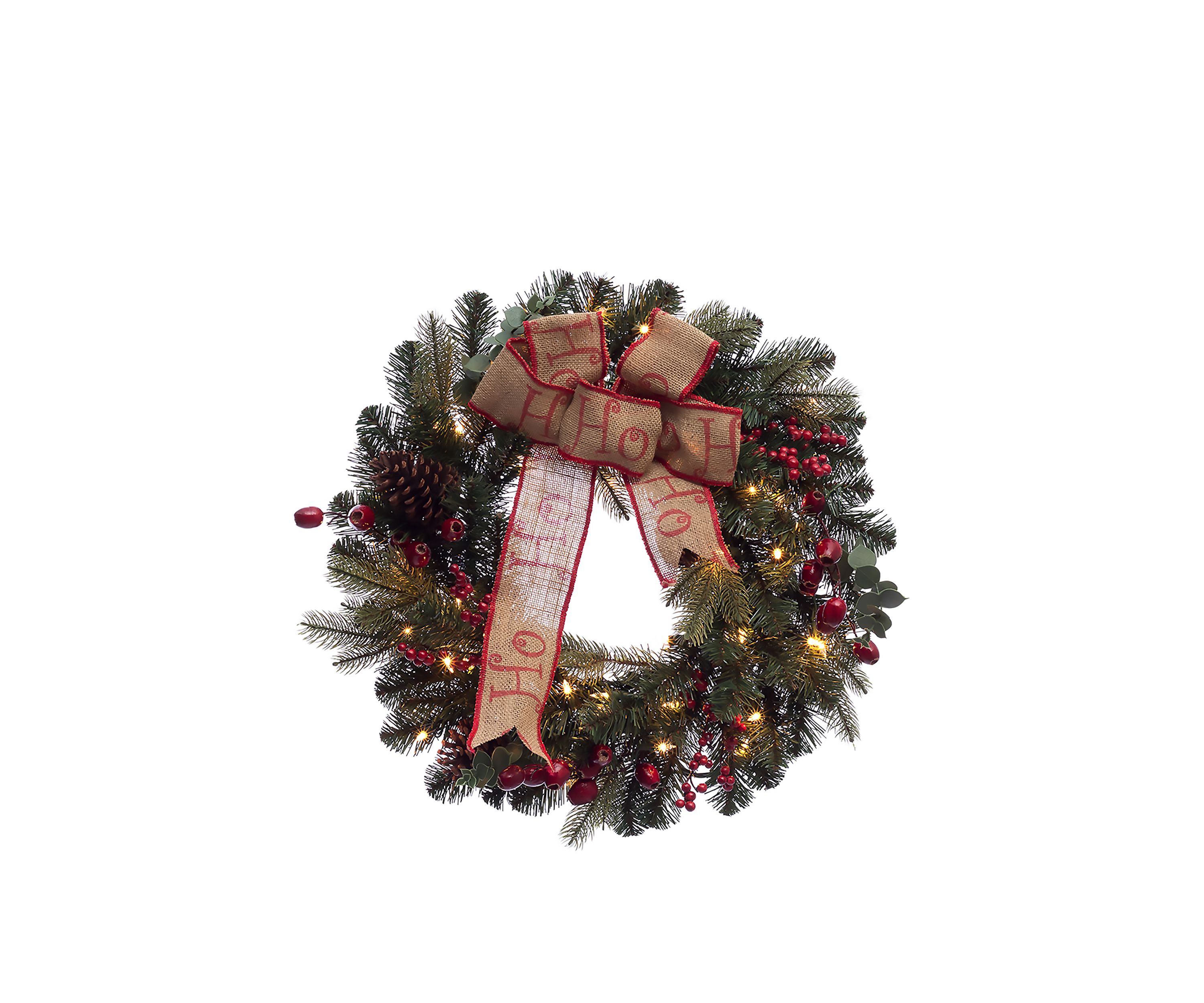 24 inch Pre-Lit Premium Decorated wreath with 35 Clear Incandescent Lights
