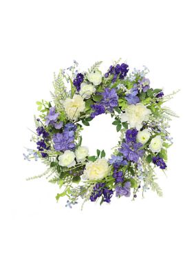 Puleo International 24" Artificial White Rose and Lavender Floral Spring Wreath, Purple