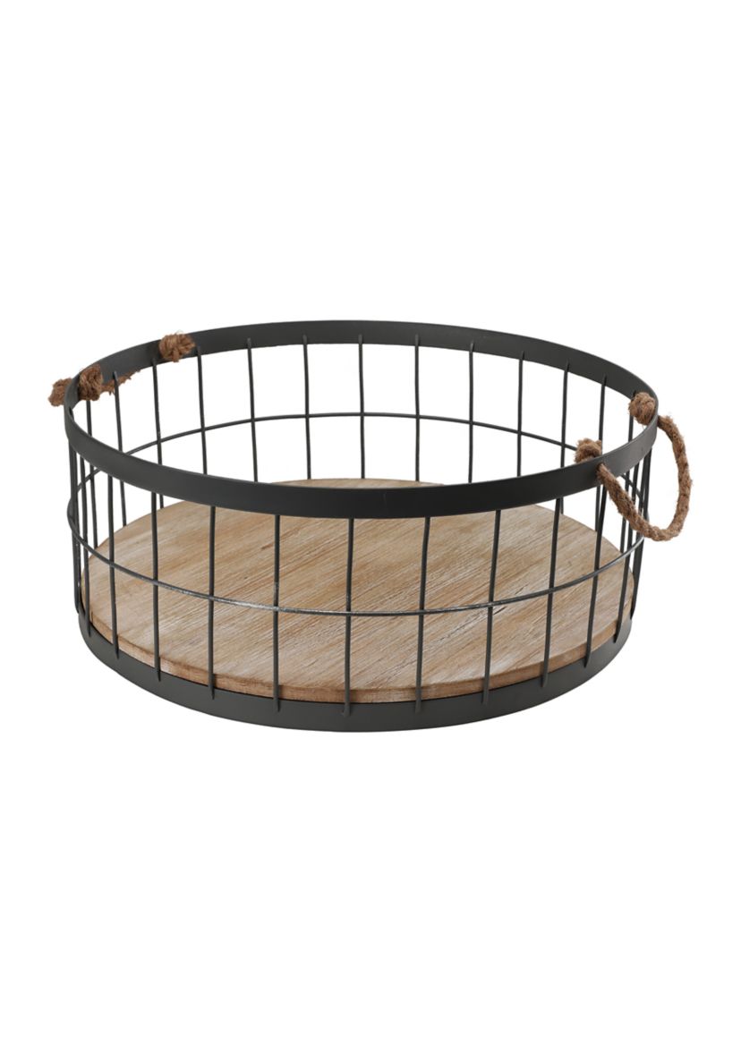 Set of 2 Wire Baskets with Wooden Base and Handles
