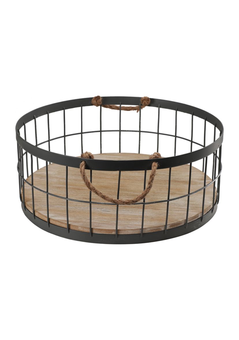 Set of 2 Wire Baskets with Wooden Base and Handles