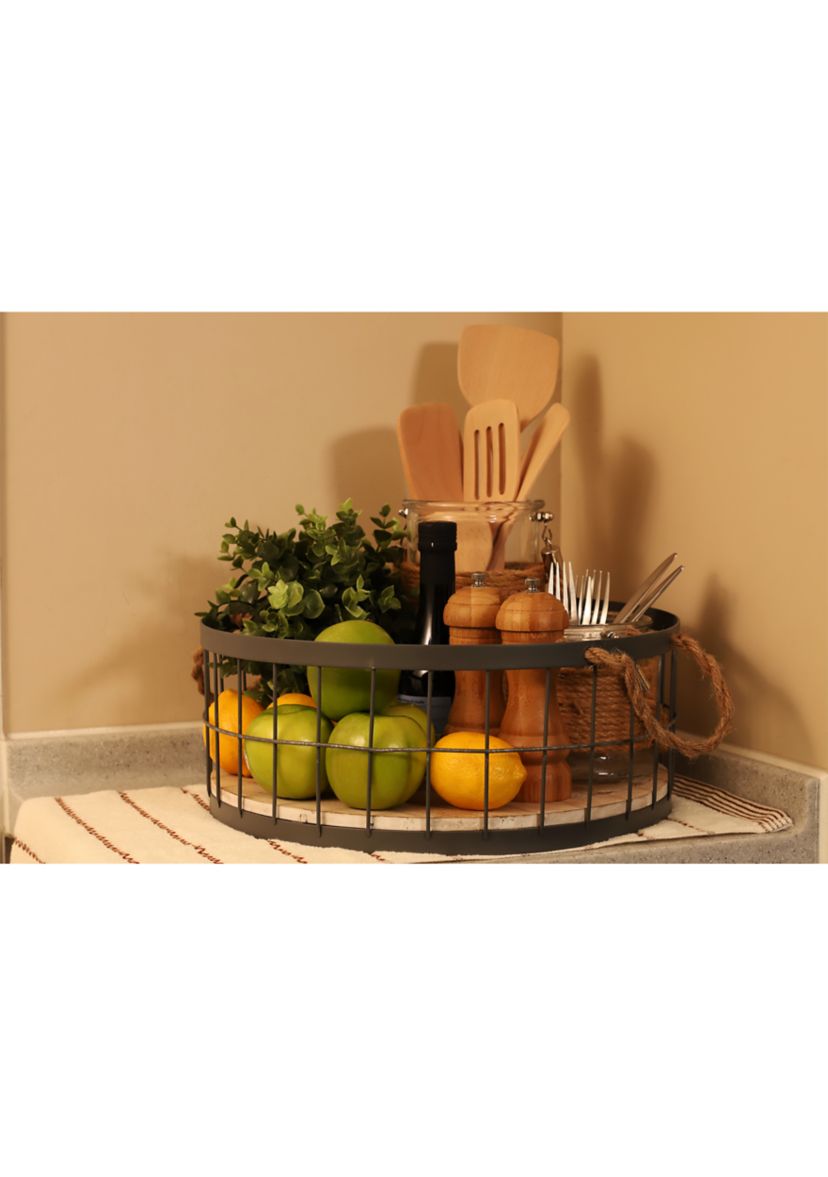 Set of 2 Wire Baskets with Wooden Base and Handles
