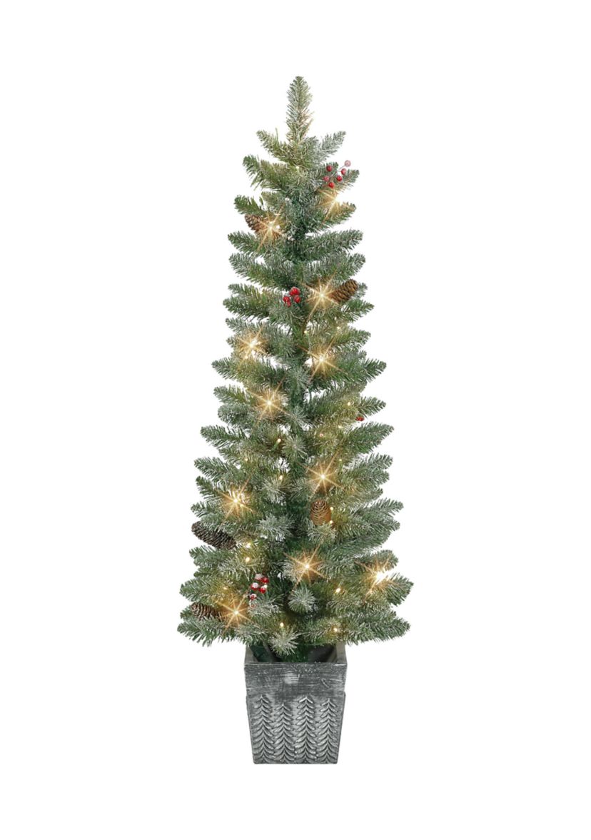 Set of 2 Battery-Operated Pre-Lit Flocked Potted Trees 109 Tips 50 Warm White LED Lights with Timer