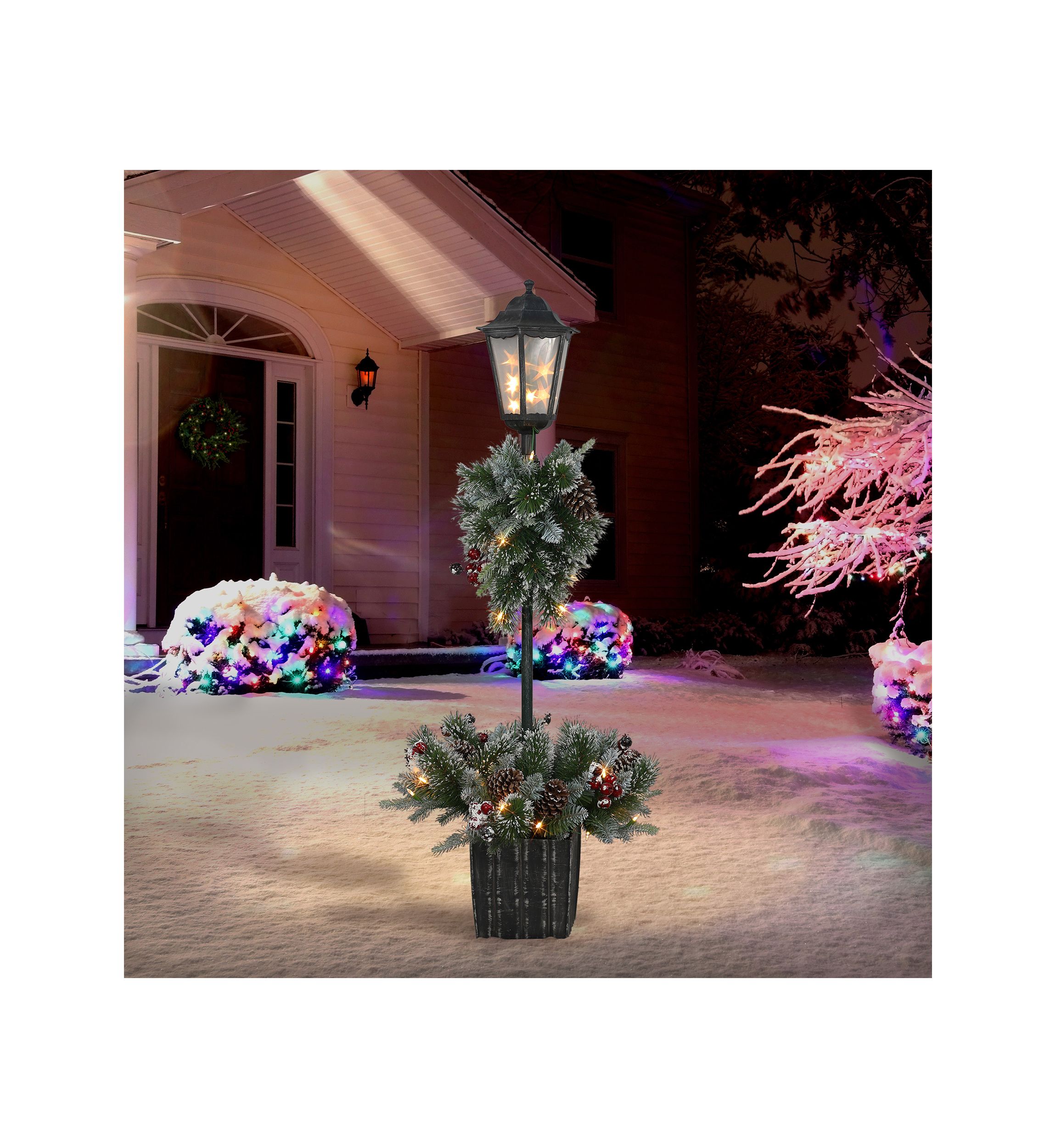 4-foot Pre-Lit Artificial Pine Lamp Post 50 Warm White LED Lights  Adaptor